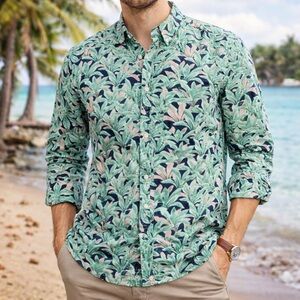 American Eagle Men’s Green Hawaiian Floral Button Down Long‎ Sleeve Shirt M